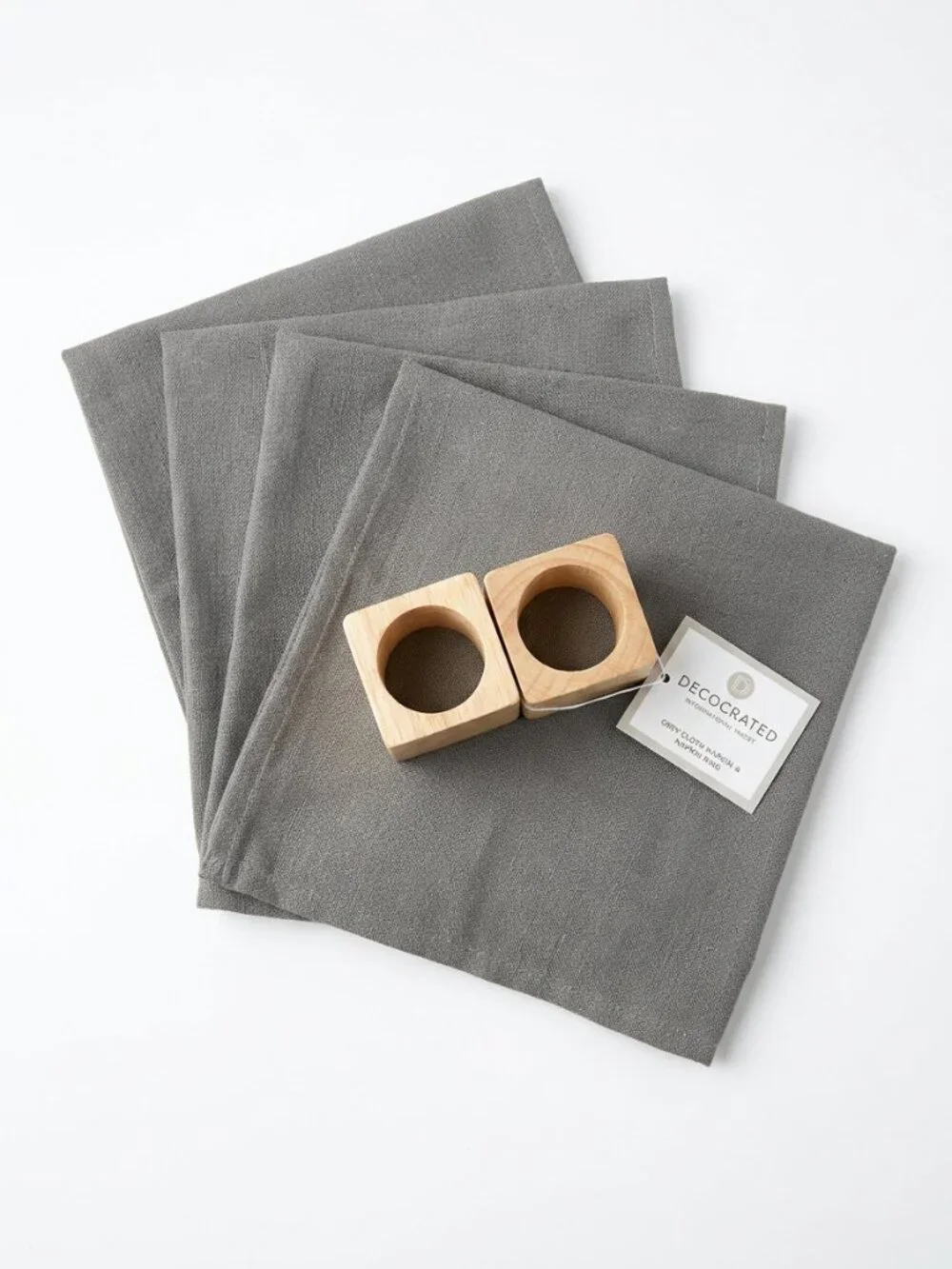 NWT Decocrated Set of 4 Grey Cloth Napkins & Wooden Block Rings Boho